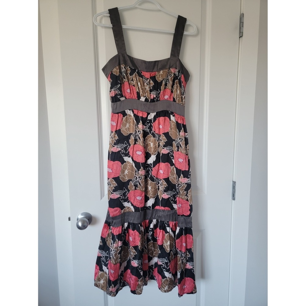 Lux Floral Tiered 100% Silk Sundress in Black, Coral & Tan